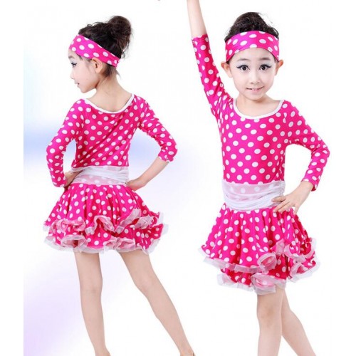 Royal blue fuchsia hot pink polka dot girls kids children performance latin salsa dance dresses